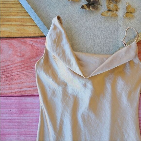 Princess Polly‎ Champagne Zamora Asymmetrical Cowl Satin Midi Dress 10US - Picture 13 of 15